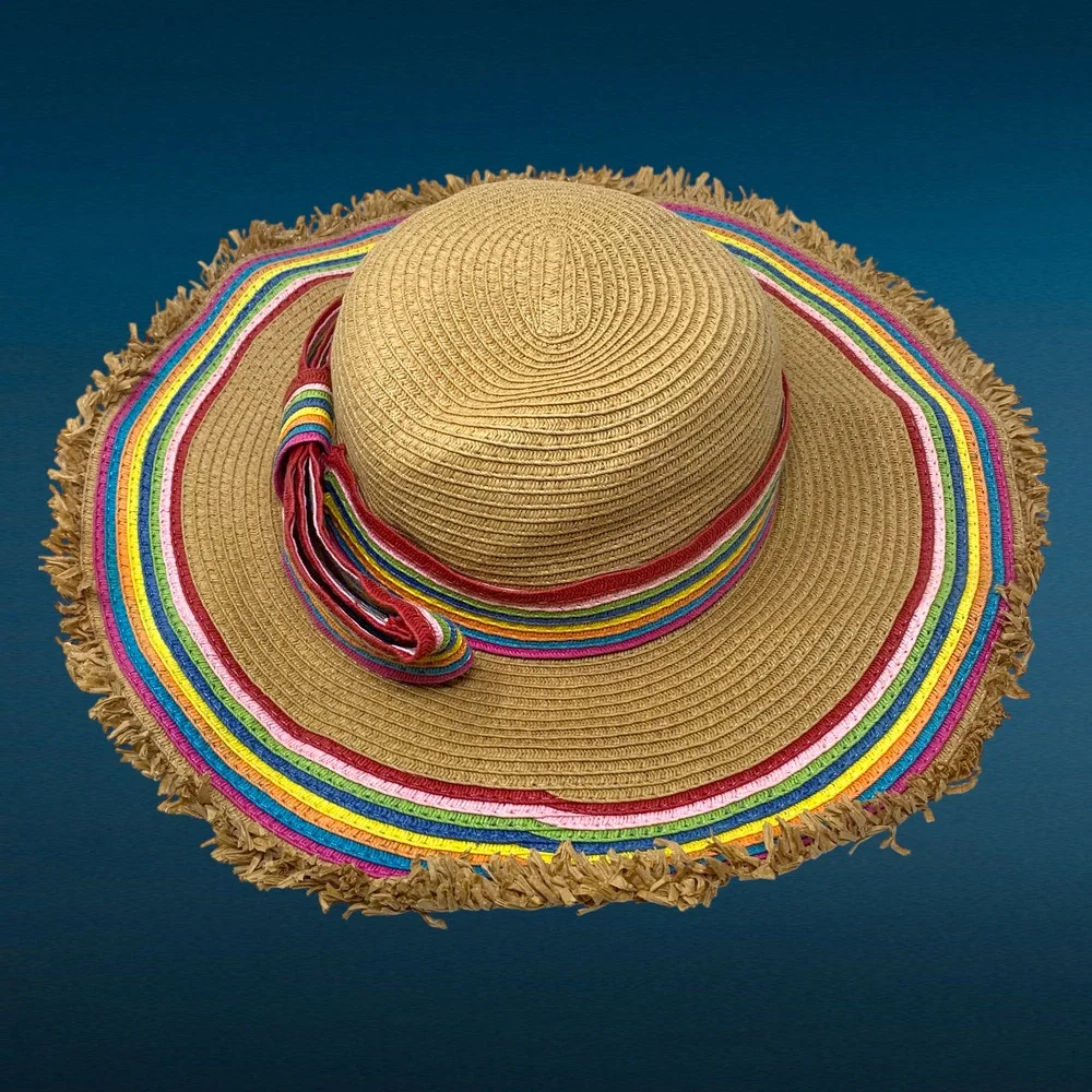 Betsey Johnson Rainbow Ribbon Floppy Sun Hat Wide Brim Straw Beach O/S Adjusts